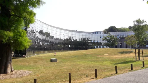 Curved mirrored building beyond a sloping lawn, with a large tree on the left