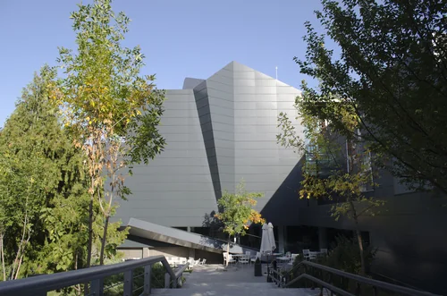 Angular building clad in grey metal among trees, with steps to a terrace