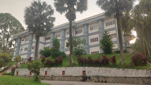 Four-storey building with blue half-columns behind palms and flower beds