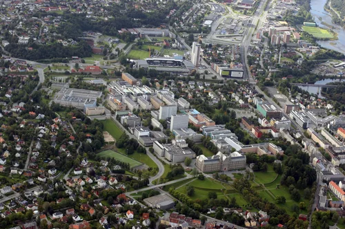 Aerial view of a university campus among residential streets and greenery
