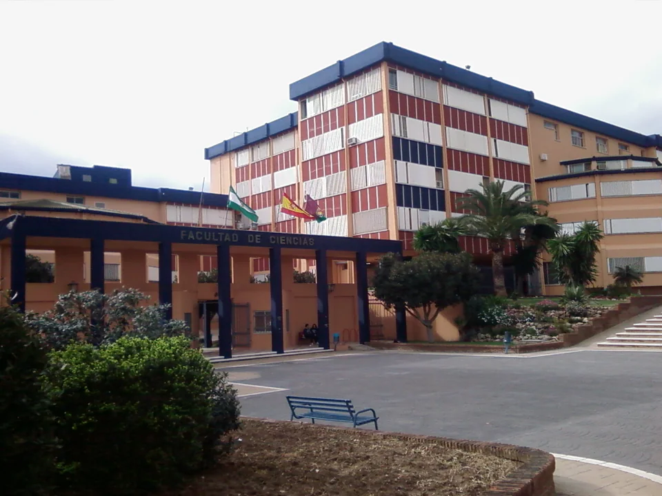 Корпус с красно-белыми полосами окон и портиком с надписью Facultad de Ciencias, рядом пальмы